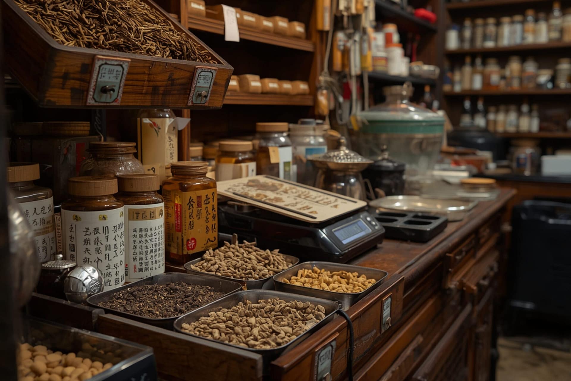 漢方薬局の店内に並ぶ生薬（しょうやく）の入ったトレイや瓶、デジタル天秤
